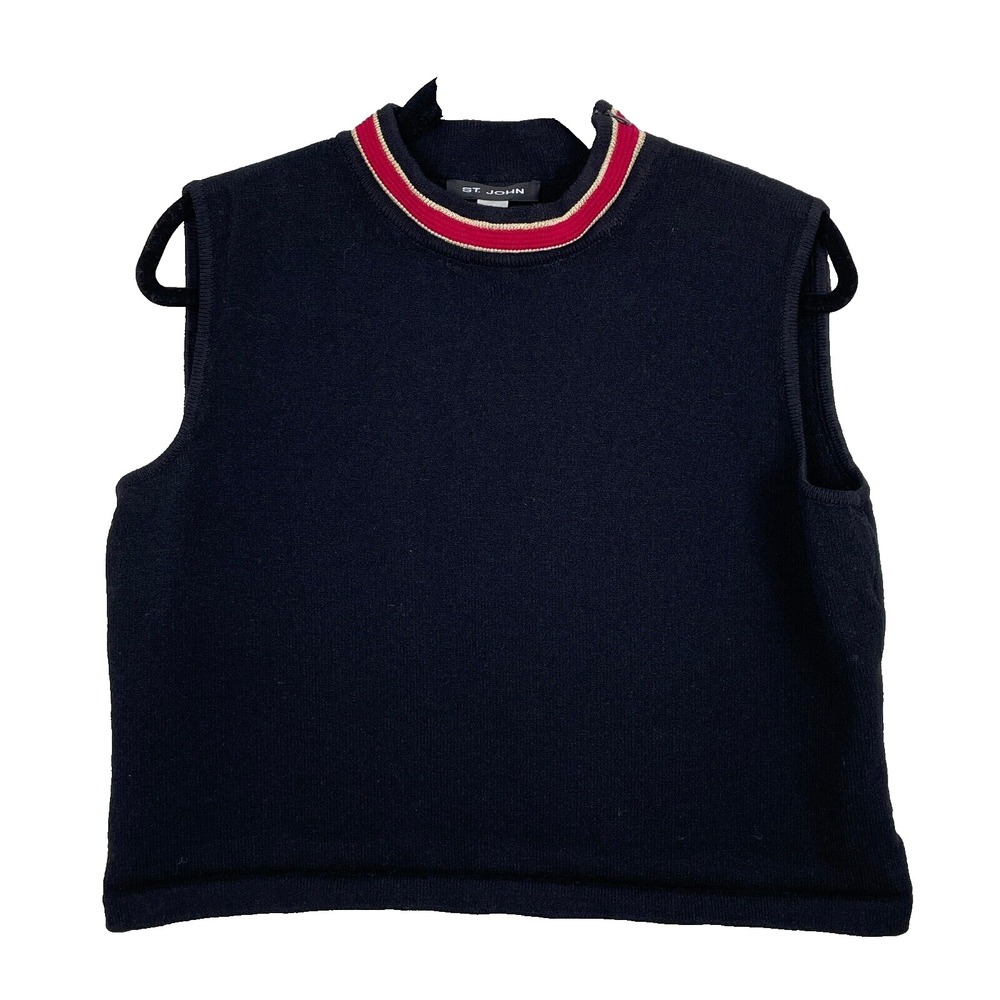 St. John Sleeveless Knit Top Womens Large Black Shoulder‎ Zipper High Neck FLAW